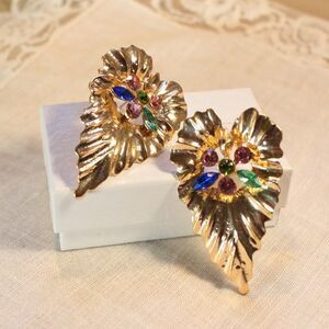 Artsy Gold-Tone Leaf Statement Earrings with Colorful Rhinestones